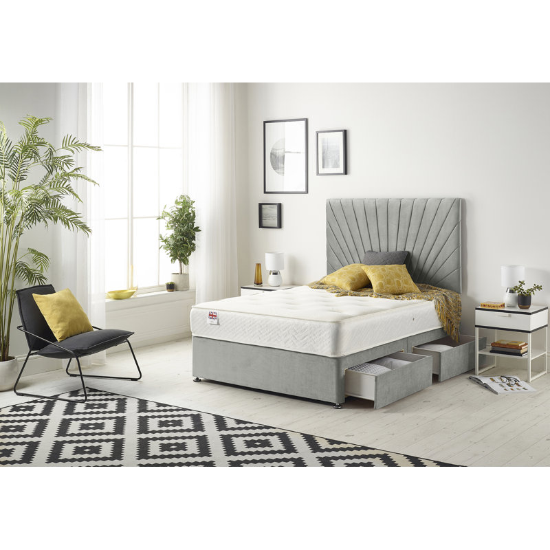 Schofield Sprung Memory Foam Divan Bed Set with Headboard and Drawer Options, Grey, Kingsize (5'), 4 Drawers