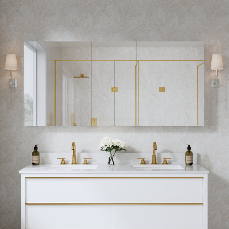 64''W X 30'' H Recessed Or Surface Wall Mount Bathroom Medicine Cabinet With Adjustable Glass Shelves