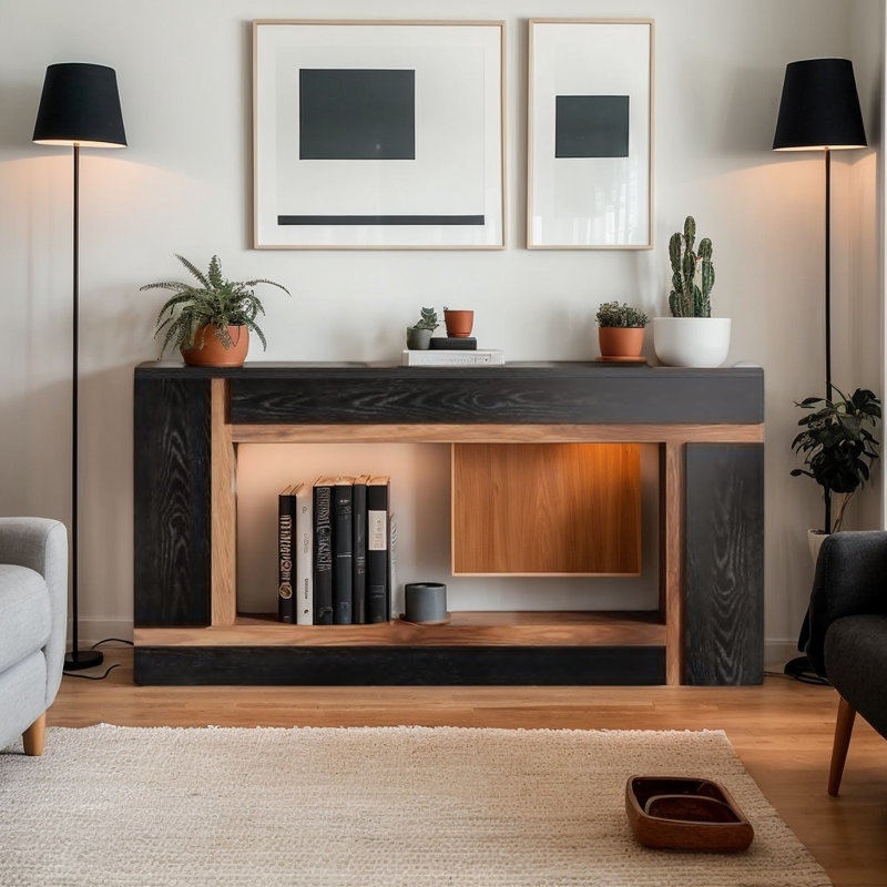 Console 63 po en bois avec 2 tablettes, table de ferme rectangulaire pour entrée