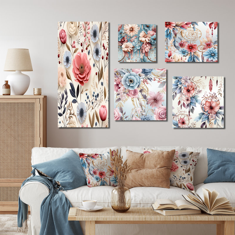 Arda - Ensemble de 5 décorations murales florales, Toile tendue