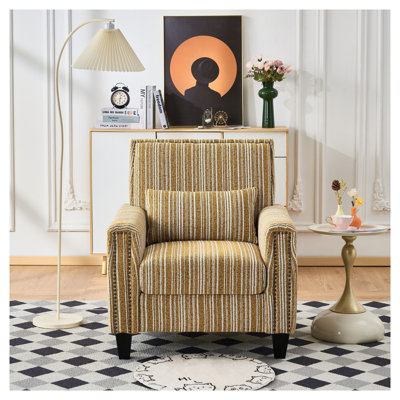 Chaise d'appoint rembourrée moderne à rayures vertes et blanches avec garniture cloutée et pieds en bois de pin