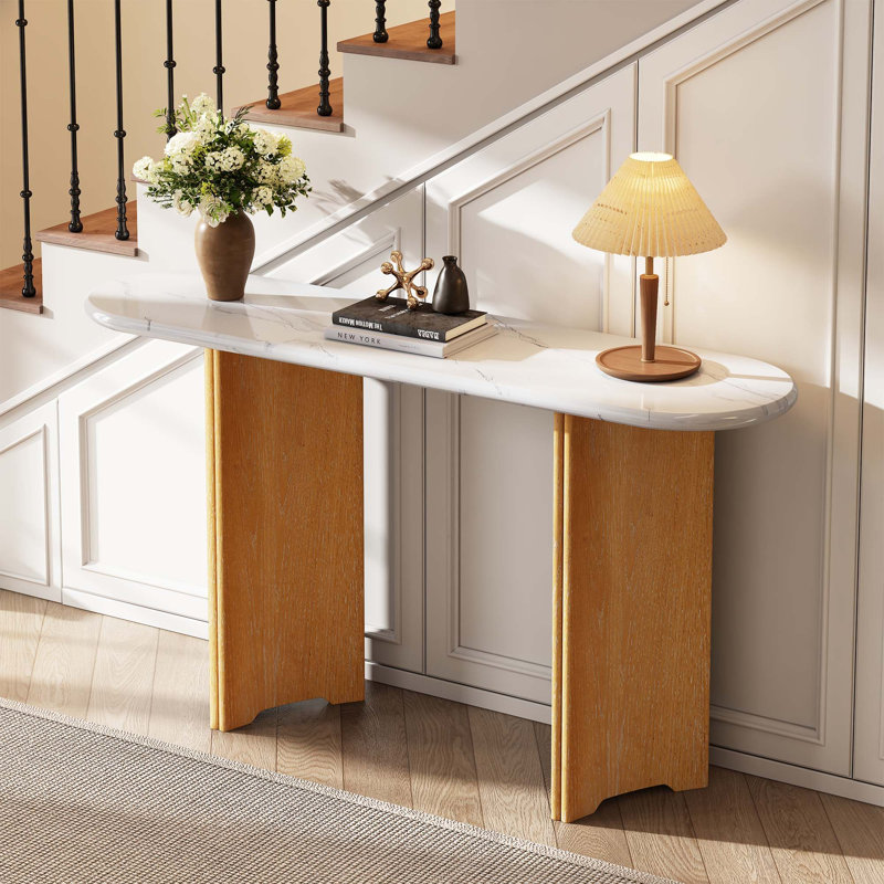 Console rustique étroite avec plateau ovale et pieds courbés, Naturel