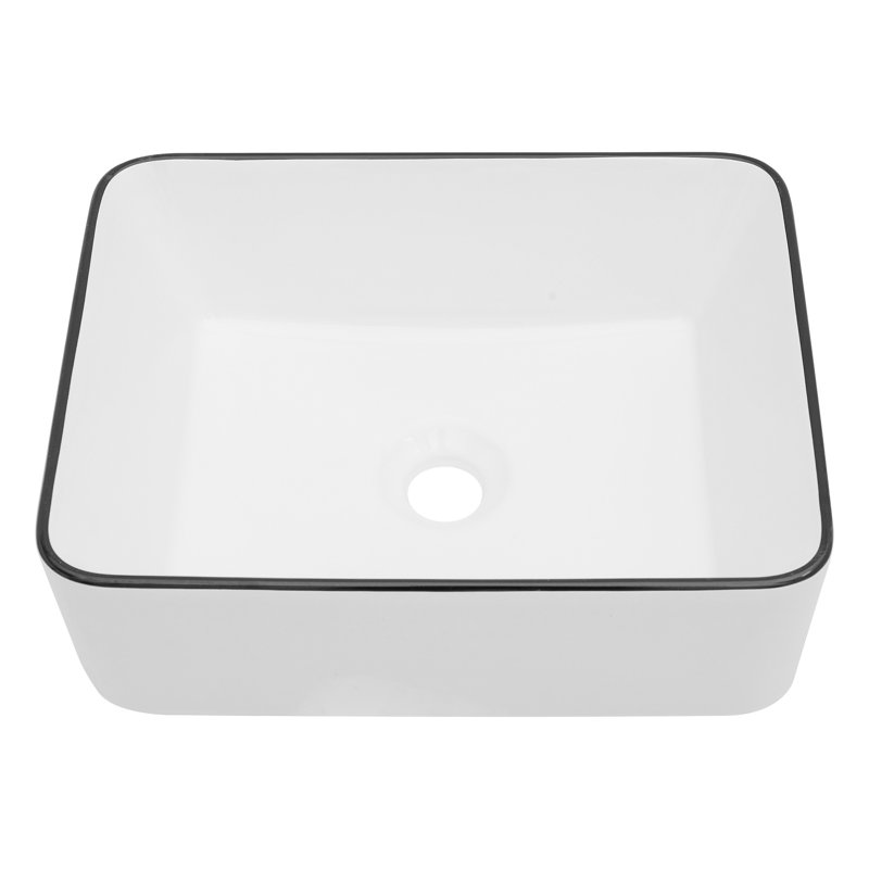 Lavabo de salle de bain rectangulaire en céramique blanche 16X12 pouces, Blanc/Noir
