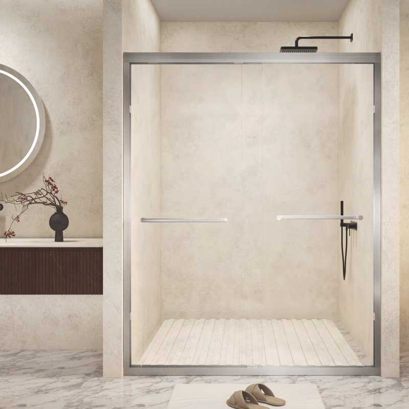 54 " x 72" Tempered Glass with Explosion Proof Film, Aluminum Frame Double Sliding Shower Door, "1/4 (6 mm), Stainless Steel handle