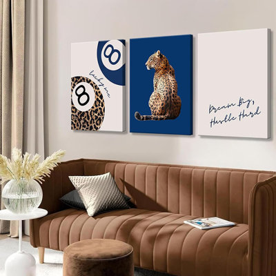 Bleu marine 3 pièces léopard, impression sur toile, guépard, 8 balles Lucky Me, décoration murale tendance, esthétique, peinture, œuvre d'art