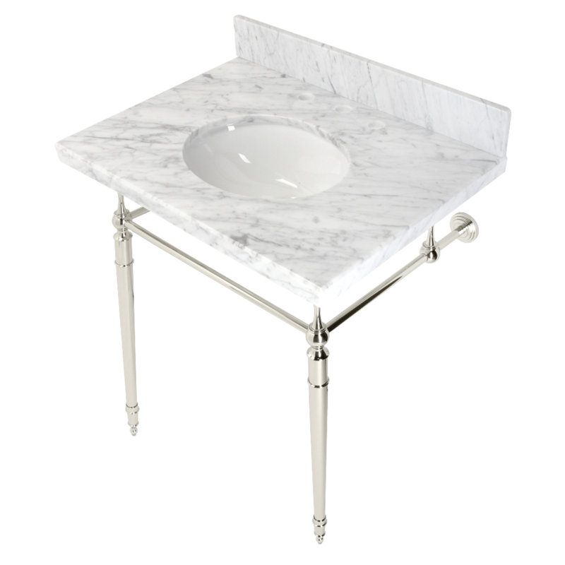 Lavabo de salle de bain ovale à console avec trop-plein, Blanc marbre / nickel poli