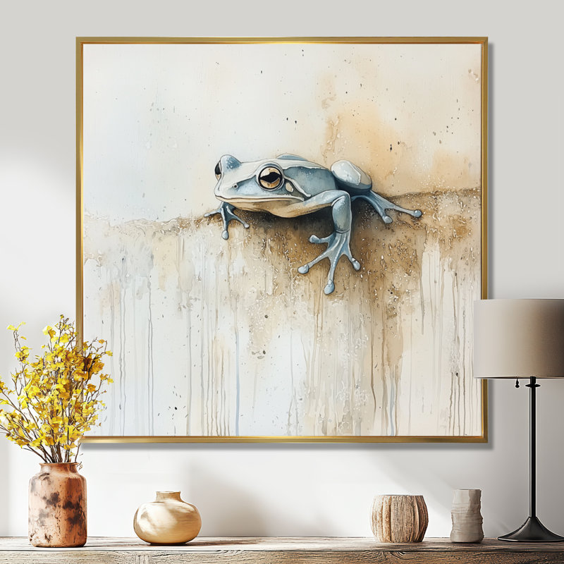 «Minimal Frog By The Pond I», reproduction d'art de grenouille, H 30 po x l 30 po, Reproduction avec cadre flottant, Doré