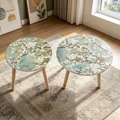 Set of 2 Side Table,Round Coffee Table,Painted Cherry Blossom Top