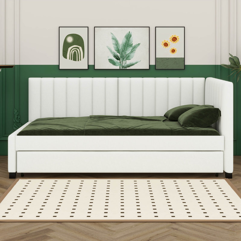 Twin Size Upholstered Daybed With Trundle, Linen Fabric Sofa Bed Frame, No Box Spring Needed, Beige
