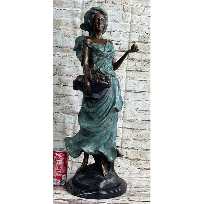 Bronze Statue of Woman Holding Basket on Marble Base