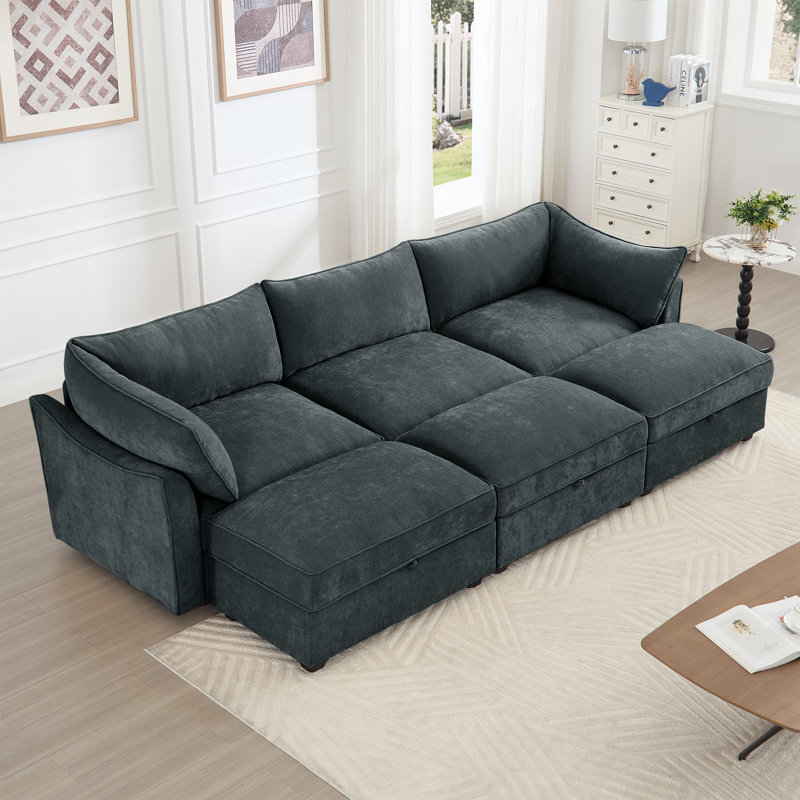 Canapé modulaire 3 places avec 3 repose-pieds et tiroirs Grita Chenille, Gris chenille