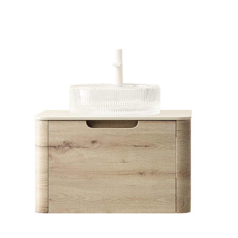 Meuble-lavabo de 24 po avec lavabo transparent en cristal, armoire à tiroirs en contreplaqué, plateau en pierre, tiroir à fermeture en douceur, cuve ronde en chêne blanc - motif pierre frittée, système, pré-assemblé, finition