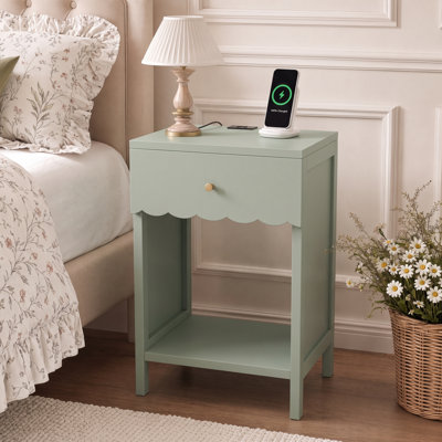 Table de chevet avec tiroir et tablette ouverte, table de chevet moderne à bord festonné, table d'appoint en bois pour chambre, meuble de chevet compact