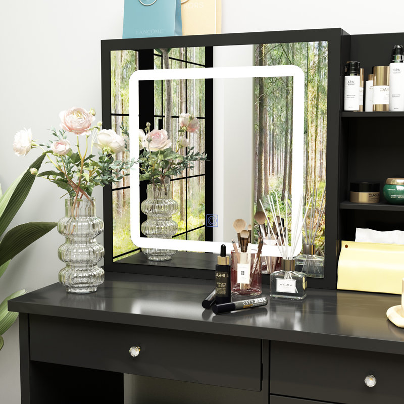 Awilda 39.4'' Wide Makeup Vanity Set with Stool and LED Mirror, Black