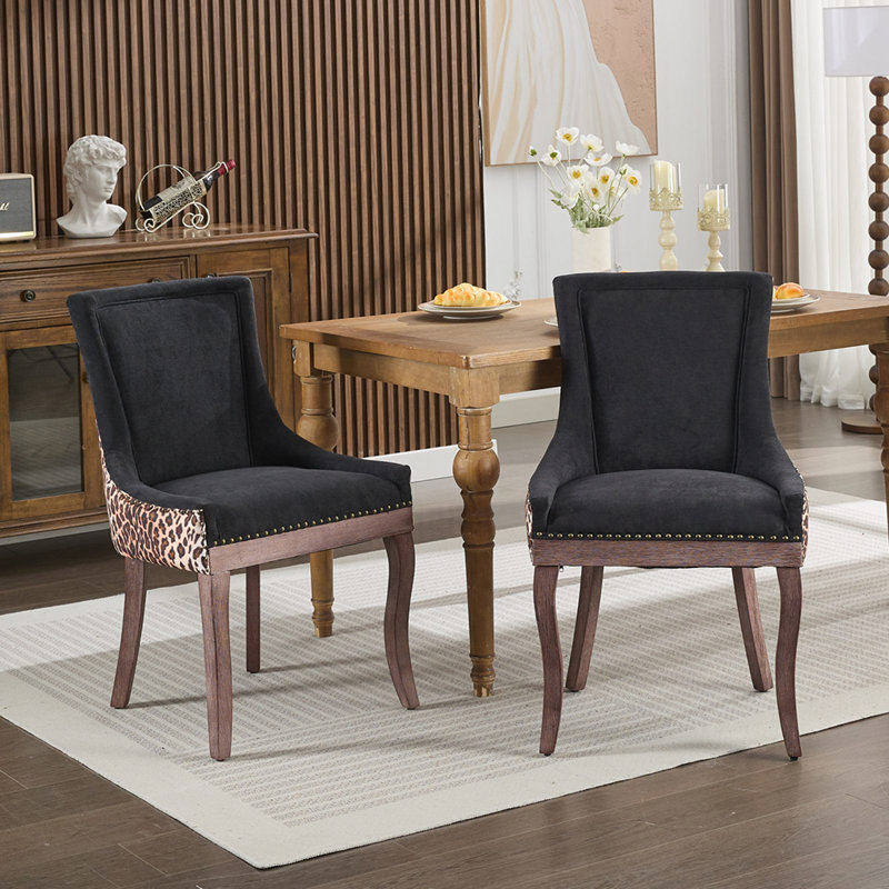 Dining Thickened fabric chairs with neutrally toned solid wood legs Set of 2