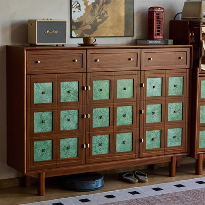 59.06"Brown And Teal Mid-Century Style Gilded Walnut Shoe Cabinet