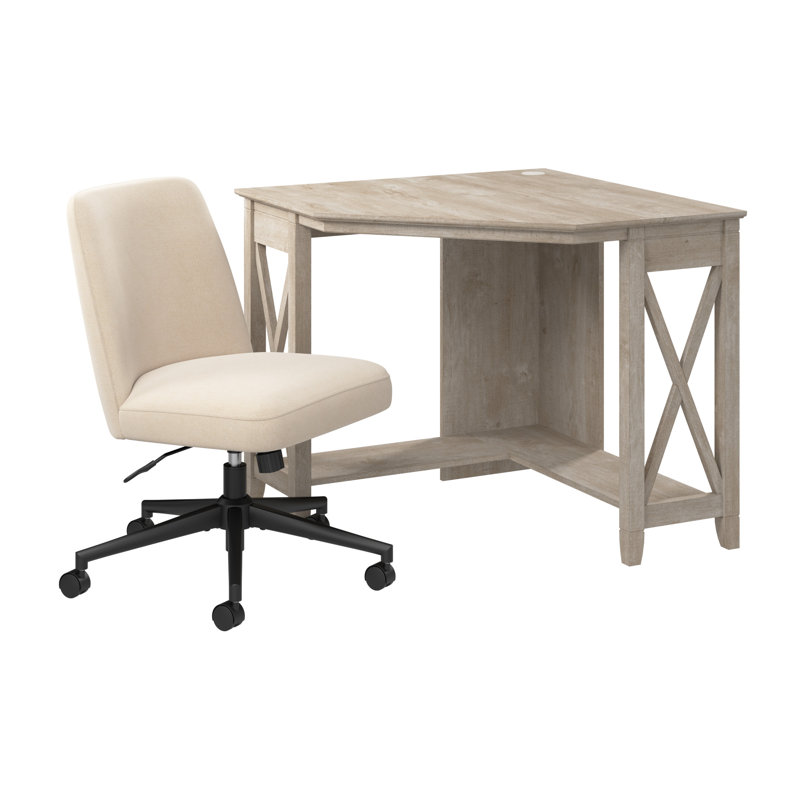 Egils 34W X 34D Small Corner Desk And Chair Set In Washed Gray, Farmhouse Workspace Solution For Home Office