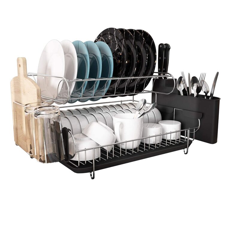 2 Tier Large Drying Rack with Drainboard Set Glass Utensil Holder Dish  Drainers