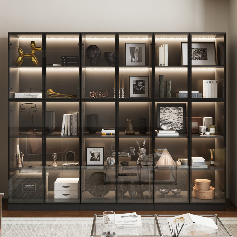 Combination Bookcase With Glass Doors And Led Lights, Display Cabin With 5-tier Shelveset, Noir, 78.7"H x 94.5"W x 16.5"D