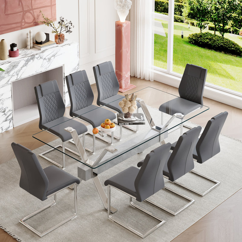 7-Piece Glass Top Dining Table Sets, Gray/Silver, Silver