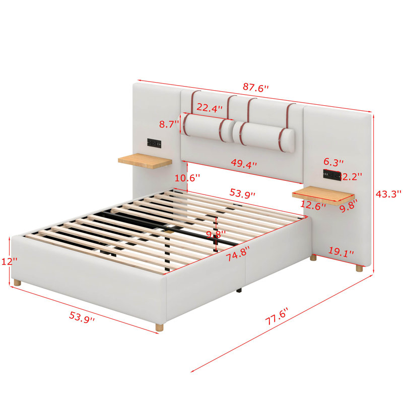 Lit plateforme tapissier avec deux prises, ports de chargement USB, deux coussins de chevet et tablettes de rangement, Double