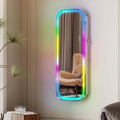 Round Hanging Jewelry Cabinet With Full Length Mirror, Rgb Lights – Wall Mounted Armoire Organizer With Storage
