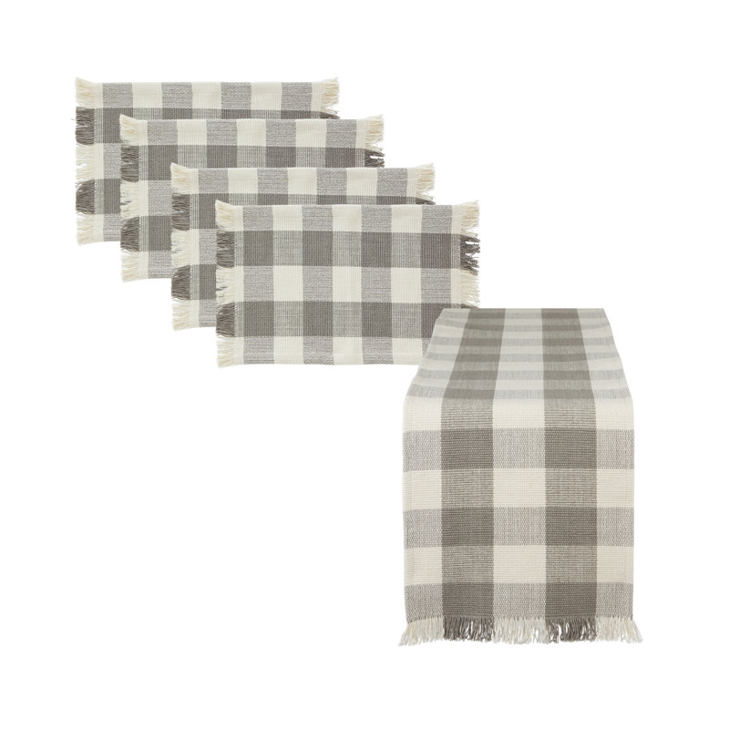 Ensemble de chemin de table et napperon à carreaux à franges 5 pièces, Gris, L 75 po