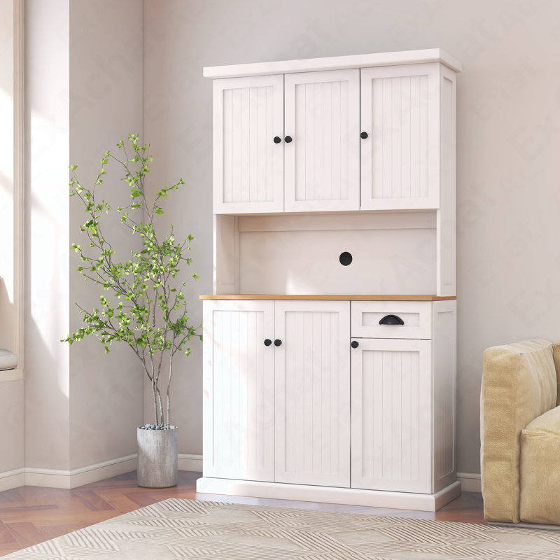 71" Tall Microwave Countertop Kitchen Pantry - Freestanding 6-Door 1-Drawer Hutch With Adjustable Shelves, White