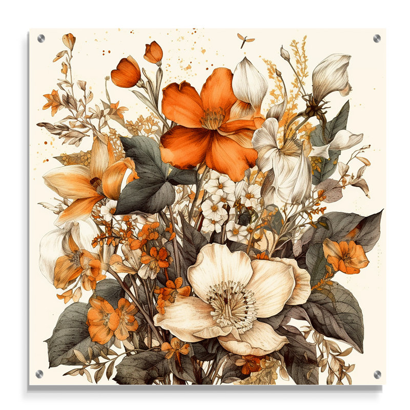 Traduction libre: Bouquet de fleurs crème et orange II - art mural acrylique pour salon, H 16 po x l 16 po