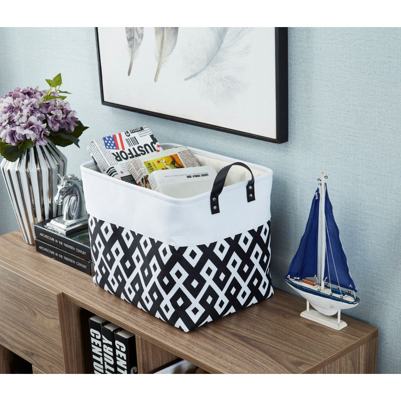 Foldable Storage Bin | Collapsible Sturdy Fabric Storage Basket Container W/Handles, White/Black