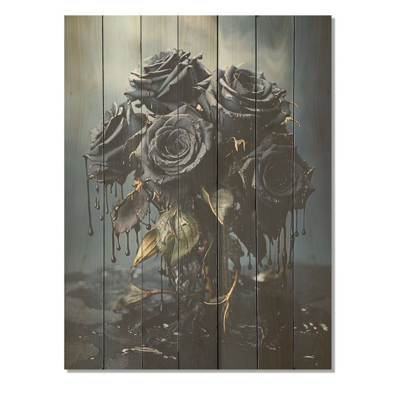 «Midnight Black and Blue Roses Bouqet I» - Roses sur bois, H 40 po x l 30 po