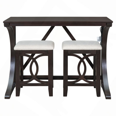Farmhouse 3-Piece Counter Height Dining Table Set with USB Port and Upholstered Stools