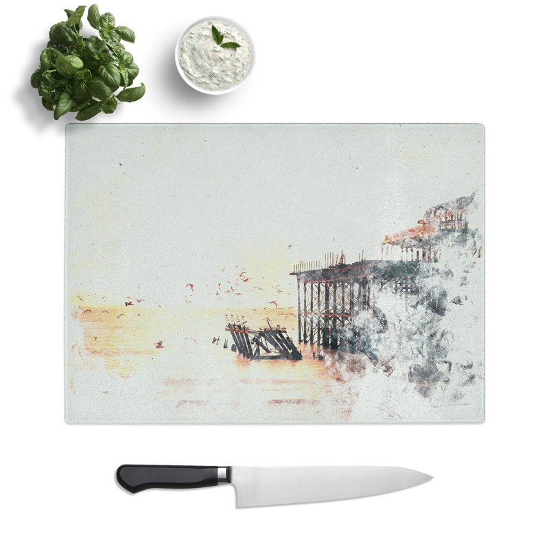 Tempered Glass the West Pier on Brighton Beach Watercolour Chopping Board, 20 cm x 28.5 cm