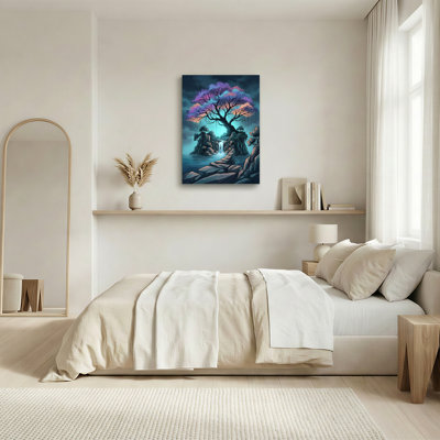 Tableau mural sur toile turquoise représentant un arbre avec une canopée de nébuleuse et une cascade sur des rochers
