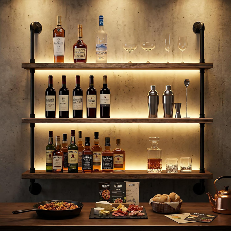 Casier à vin mural en métal de 100 cm (39,4 po) avec bandes DEL et porte-verres | Étagère de bar industrielle à 3 niveaux en métal pour cuisine, bar, salle à manger (noir, 100 cm/39,4 po)