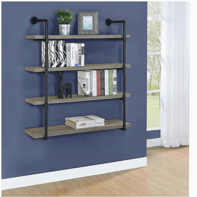 Black gray driftwood 4-tier wall-mounted shelf, Black/Gray