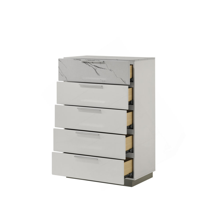 Commode blanche brume - Finition bicolore très brillante en marbre et laque avec cinq tiroirs à glissement lisse, tiroir supérieur doublé de velours