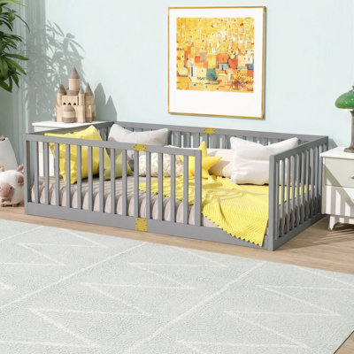 Twin Size Floor Bed with High Fence Railings, 6 Slats Included, Rubber Wood Floor Bed with Safety Guardrails, without Door,Grey