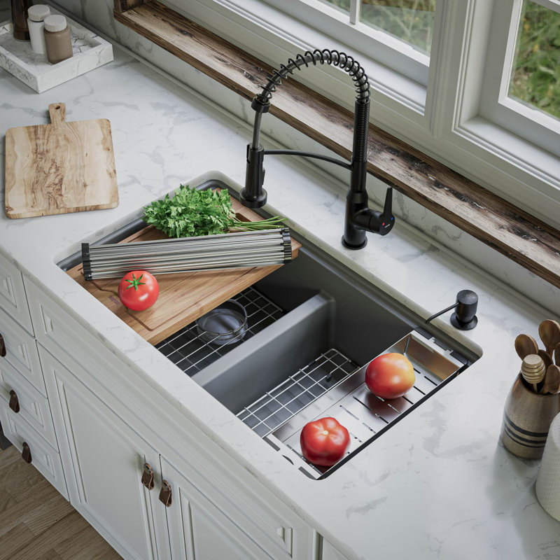 Quartz Undermount Sinks 32.5'' L Double Bowl Kitchen Sink, Gray