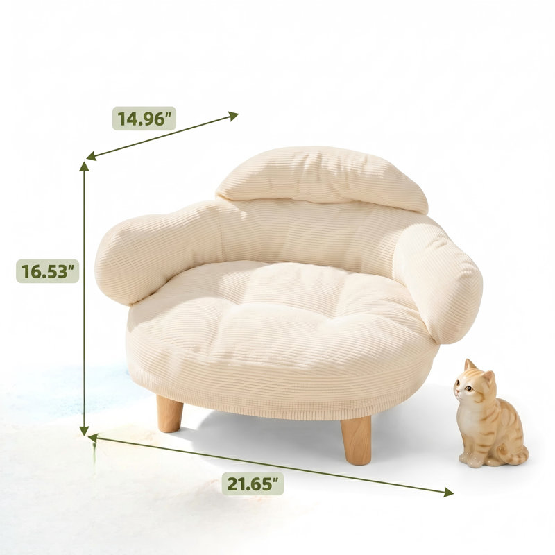 Canapé-lit pour chat de style mobilier avec housse en velours de coton amovible et pieds en bois de pin massif, pour chats et petits chiens, blanc