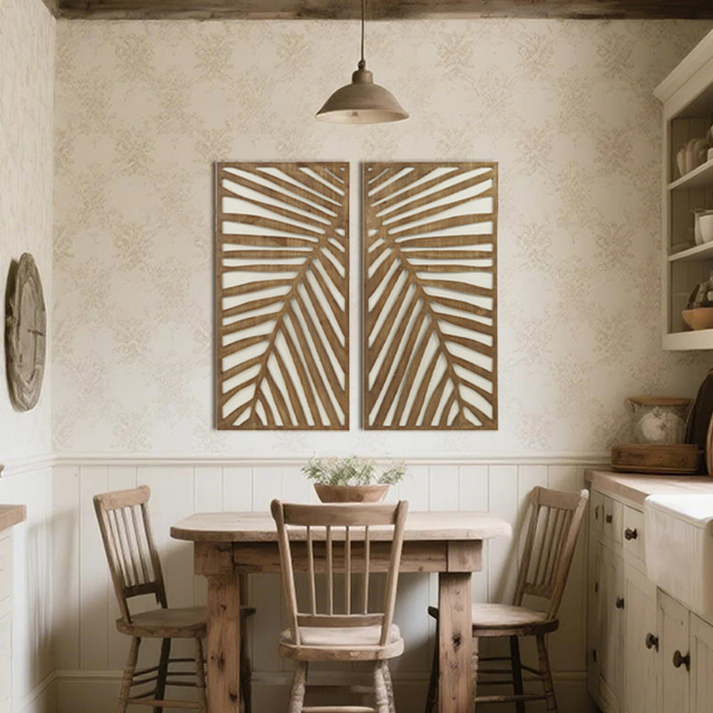 Décoration murale feuille de palmier en bois, sculptée et encadrée