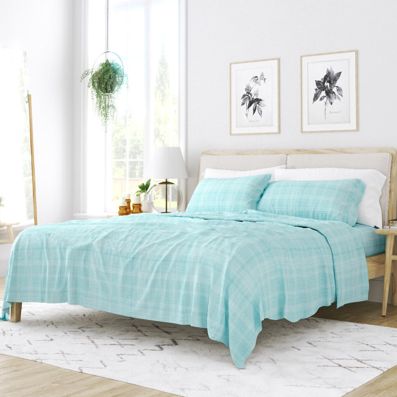 Aqua Floral Print California King Microfiber Sheet Set
