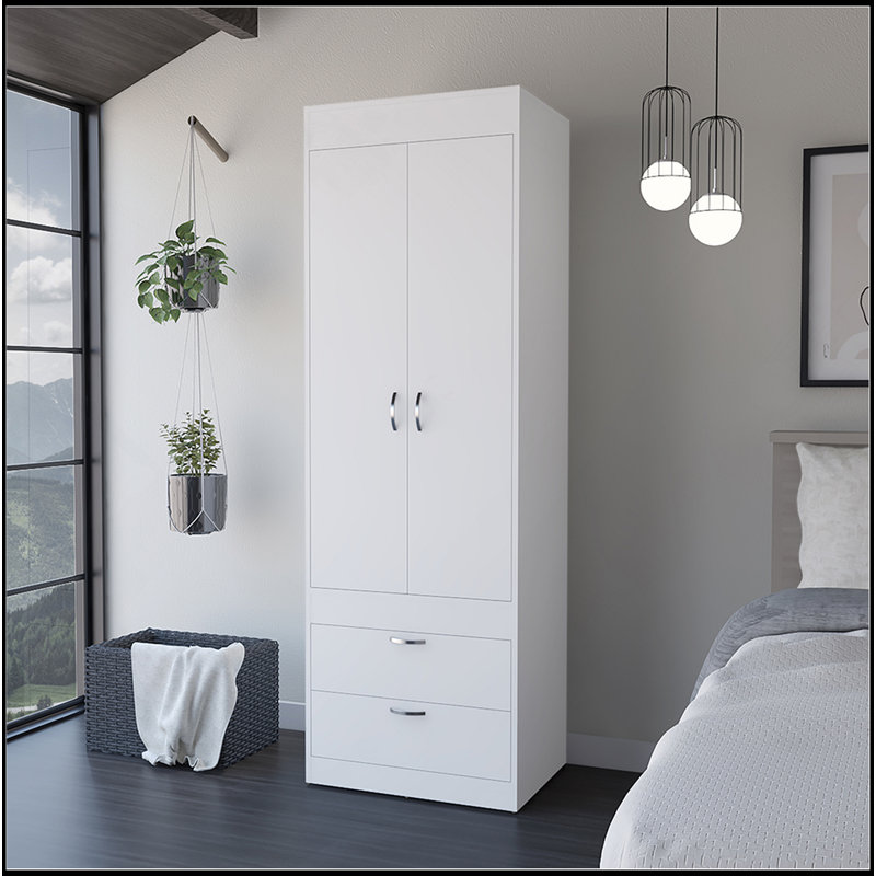 Armoire Tarento, deux tiroirs, finition blanche, Blanc