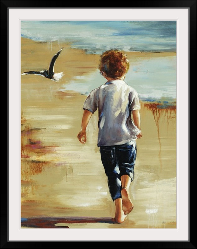 Gravure « Garçon à  la plage », Cadre noir, H 32 po x l 26 po x P 1 po
