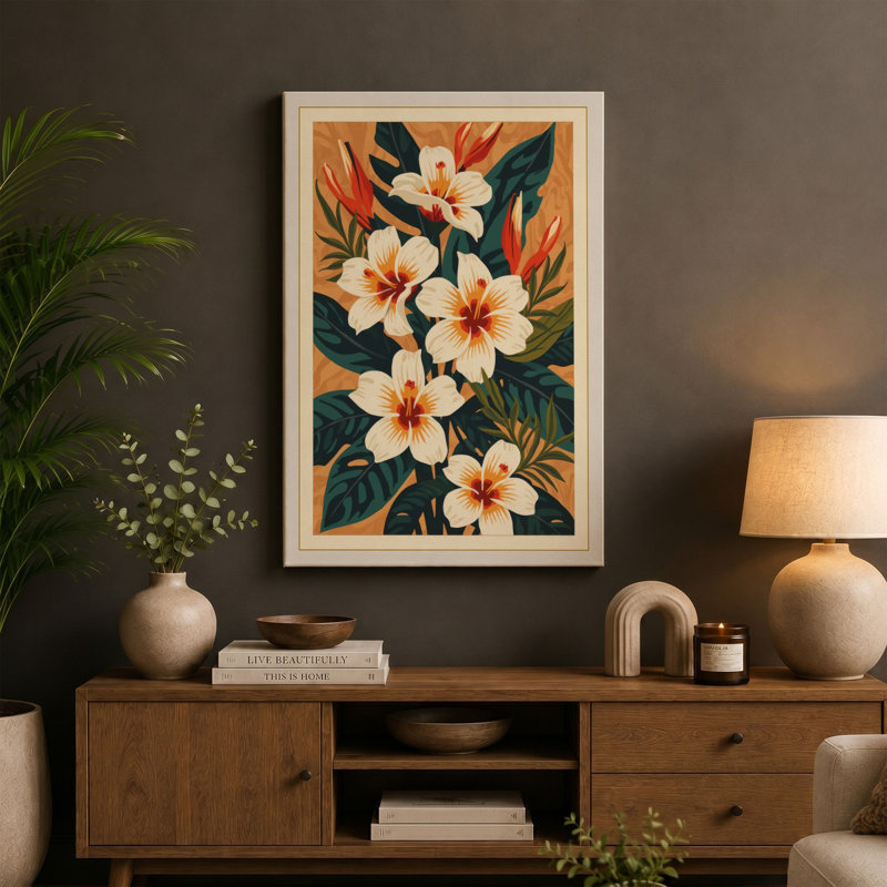 Blooms in Ochre Botanical - Wrapped Canvas, 24x16 - 61.0 x 40.6 cm, Terracotta Border