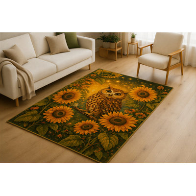 Tapis ultra-léger 152 x 213 cm à motif hibou et tournesol, idéal pour le salon. Tapis d'intérieur doux à poils courts avec envers antidérapant en silicone, motif faune sauvage, parfait pour la chambre, le bureau ou la salle familiale. Couleur jaune-vert.