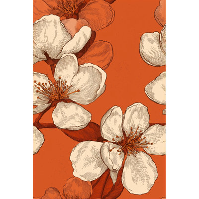 Papier peint fleurs surdimensionnées croquis botaniques terre cuite sur fond orange amovible