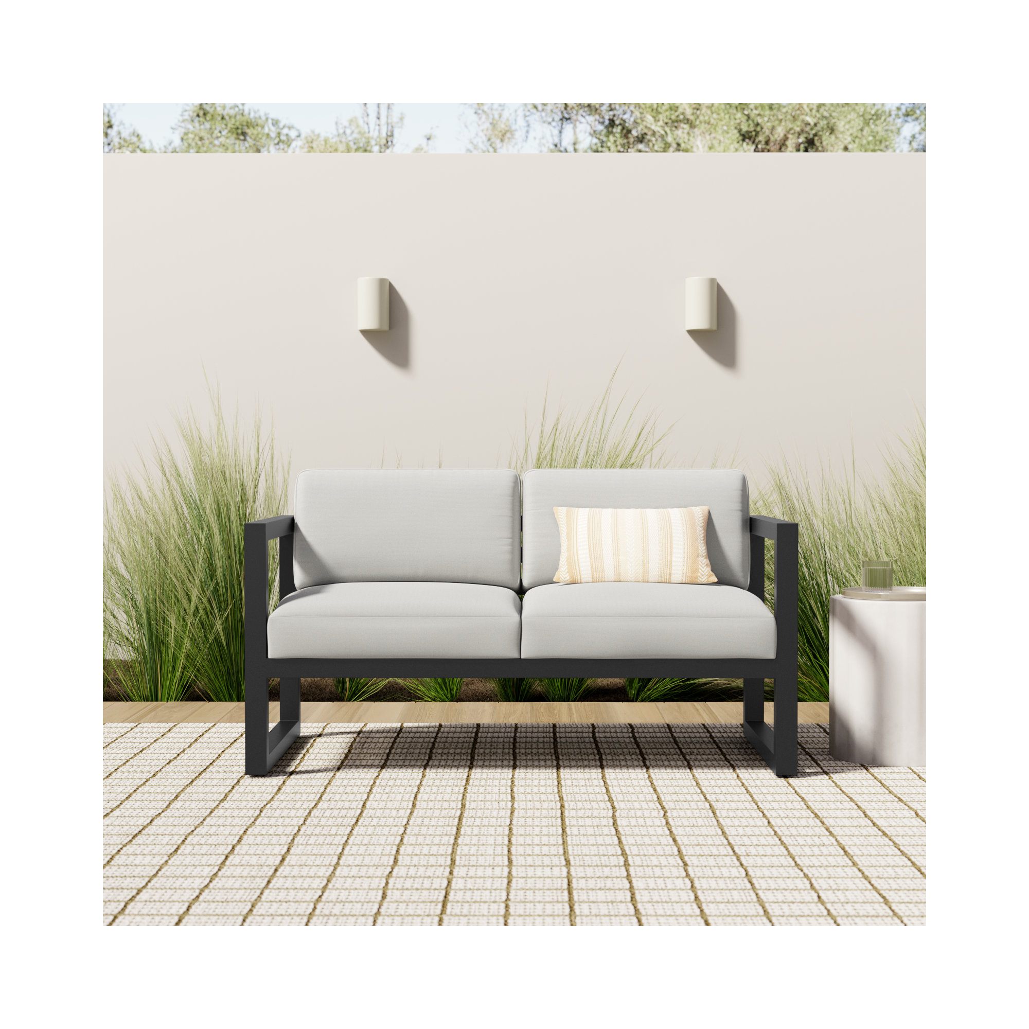 Smith 57" Outdoor Loveseat with Sunbrella® Cushions, Canvas Natural, Black