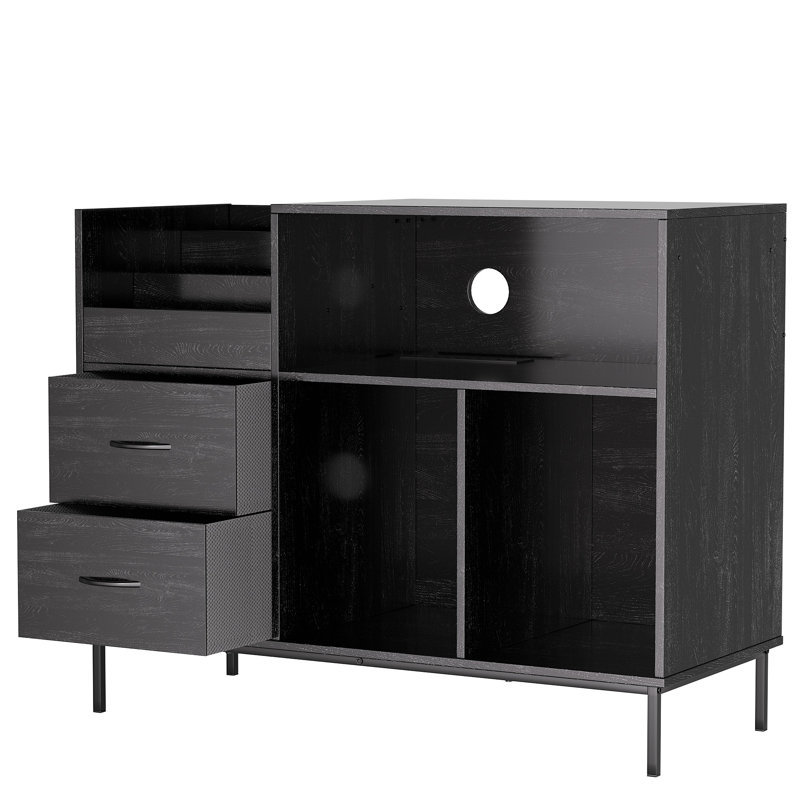 Record Player Stand With Flip-Top - Wood Vinyl Storage Cabinet With 2-Outlet Power Strip, Drawers & Dustproof Cubbies, Media Console