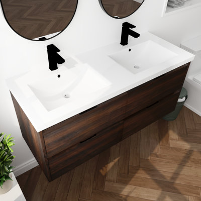 Paup 48" Wall Mounted Double Bathroom Vanity Set, Floating Bathroom Vanity with Resin Basin Sink Top, 4 Drawers